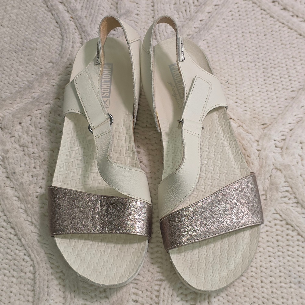 Pikolinos Monk Strap Sandals White Metallic Leather Platform Women 38 Excellent - Picture 3 of 7